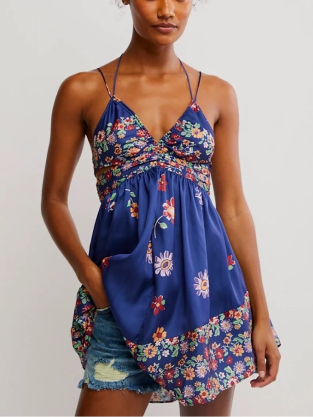 Free People Intimately Oasis Silky Satin Cut Out Floral Mini Slip Dress